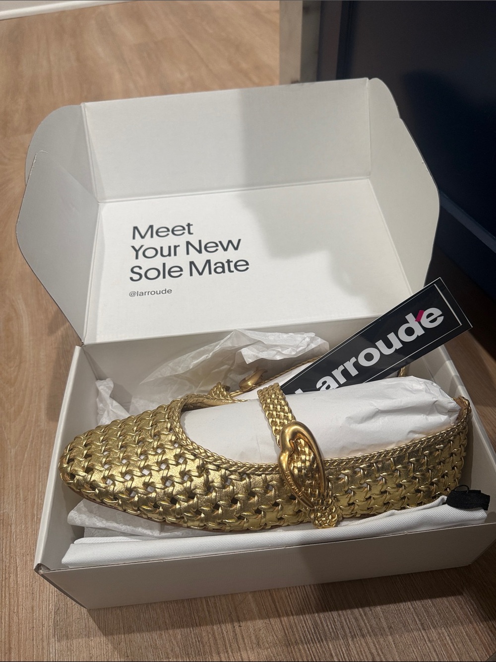 Larroude Metallic Gold Braided Mary Jane Flats